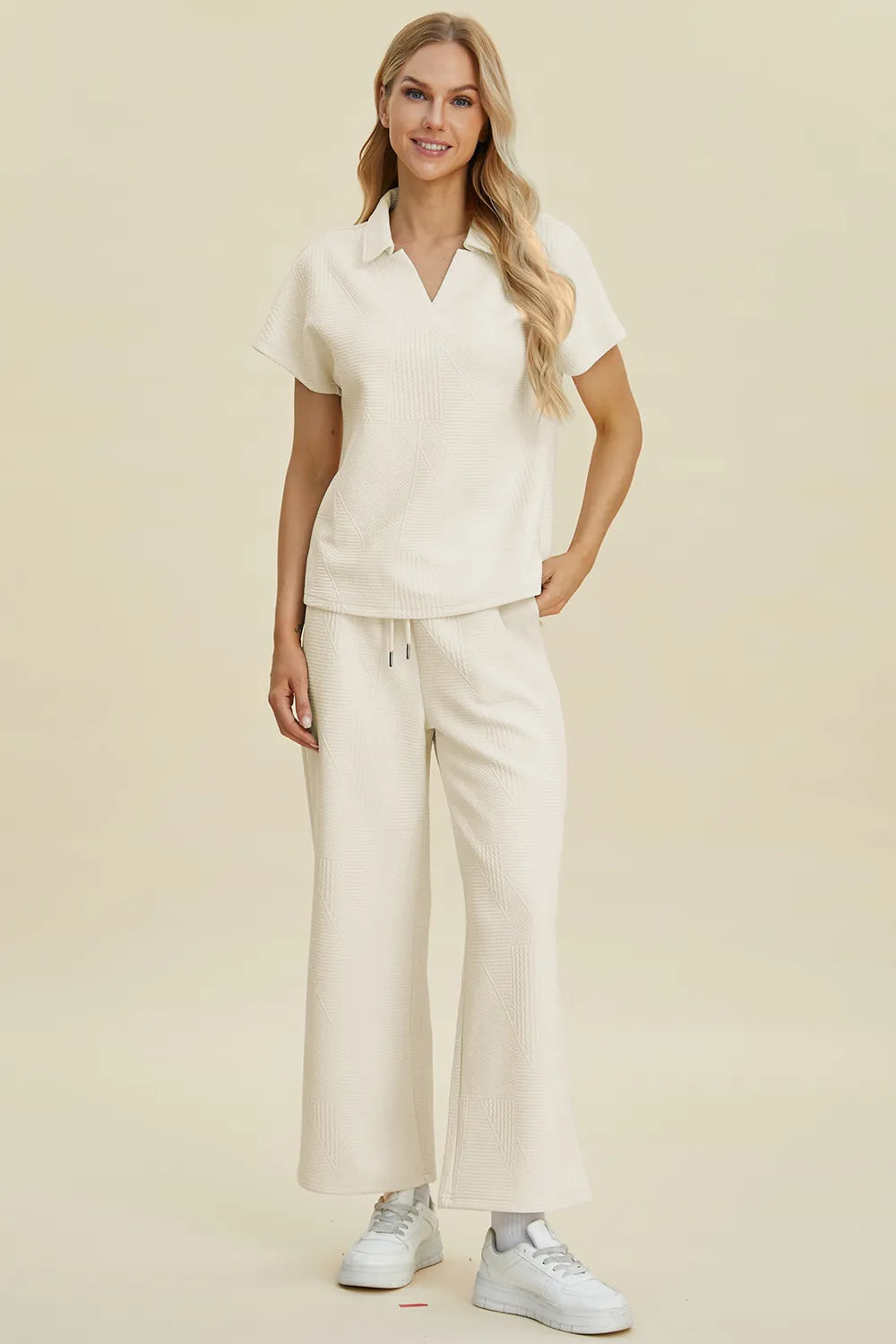 Double Take Full Size Collared Neck Short Sleeve Top and Pants Set Cream - Fashorio