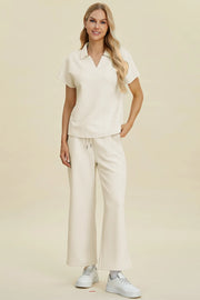 Double Take Full Size Collared Neck Short Sleeve Top and Pants Set Cream - Fashorio