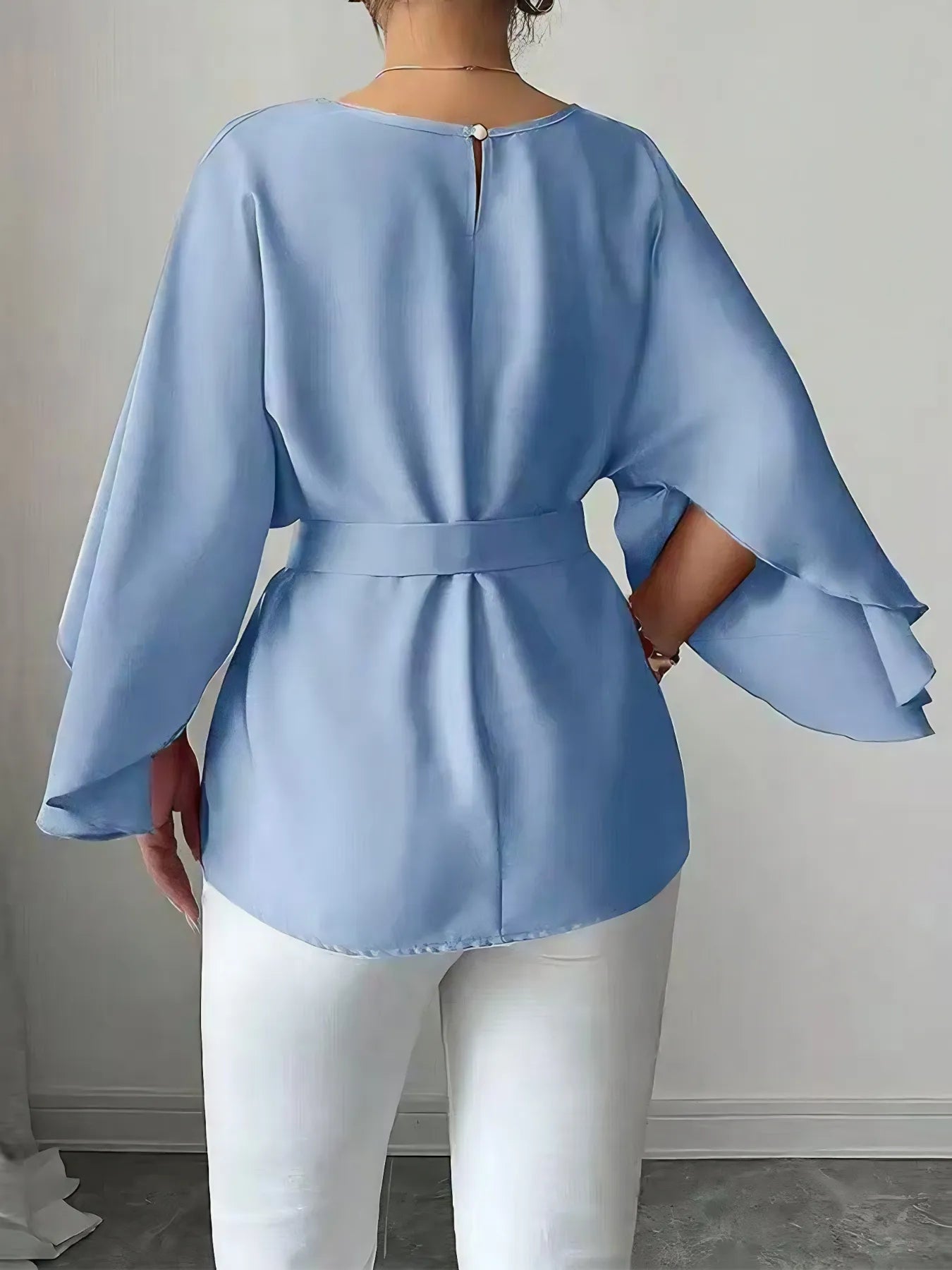 Belted Round Neck Flutter Sleeves Blouse - Fashorio