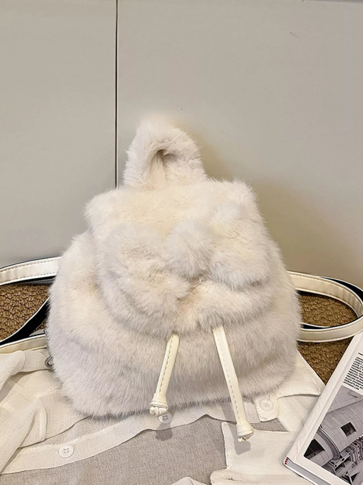 Cozy fuzzy plush drawstring backpack