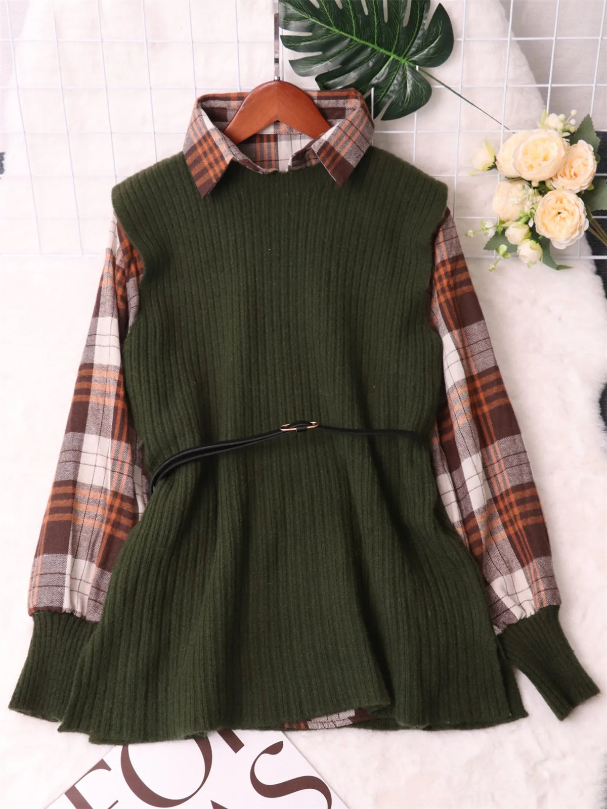 Plaid Belted Long Sleeve Sweater Dress view 15