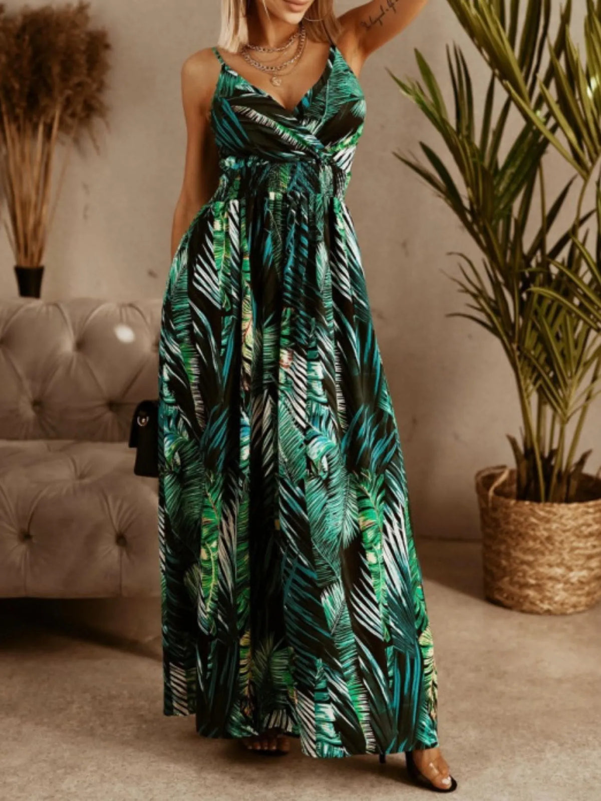 Printed spaghetti strap maxi dress styled look