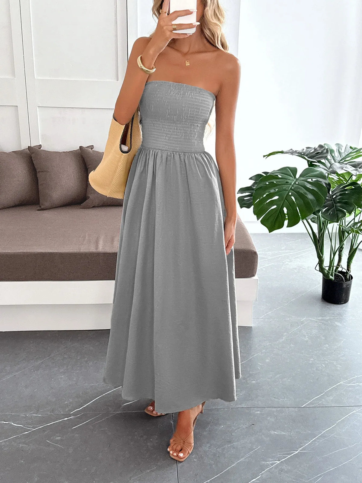 smocked tube maxi dress styled full length
