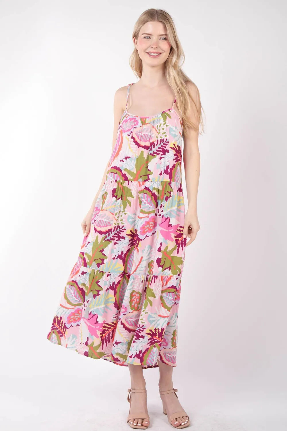 Tropical Print Cami Midi Dress in Pink