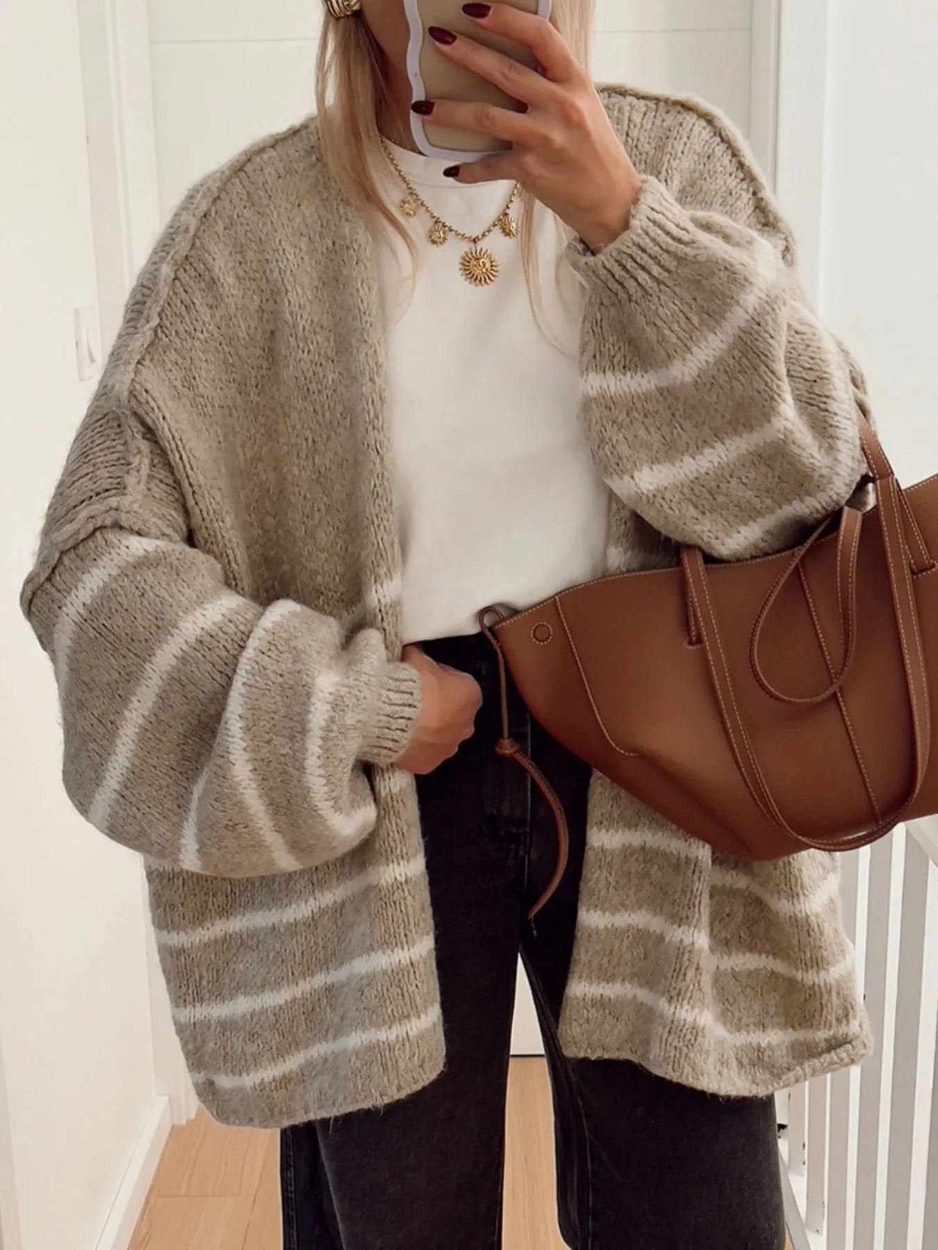 Striped Open Front Dropped Shoulder Cardigan - Fashorio