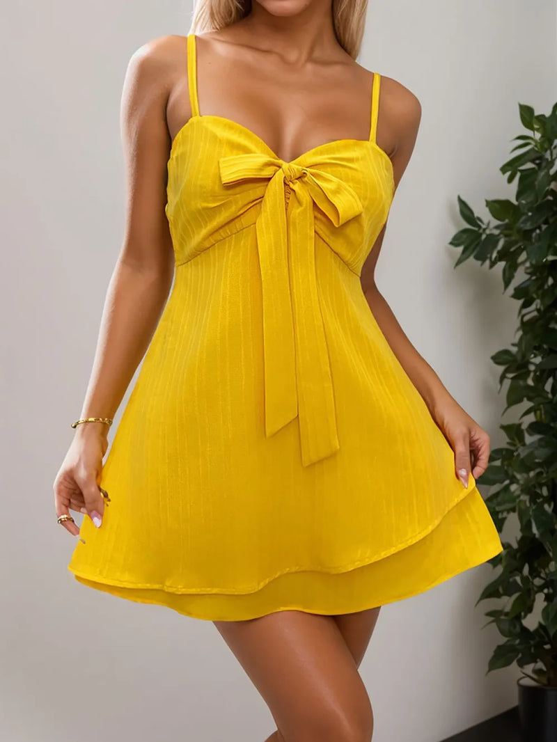 Gold sweetheart bow front mini dress front view