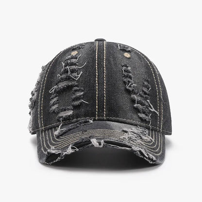 Distressed Adjustable Cotton Baseball Cap Dark One Size - Fashorio