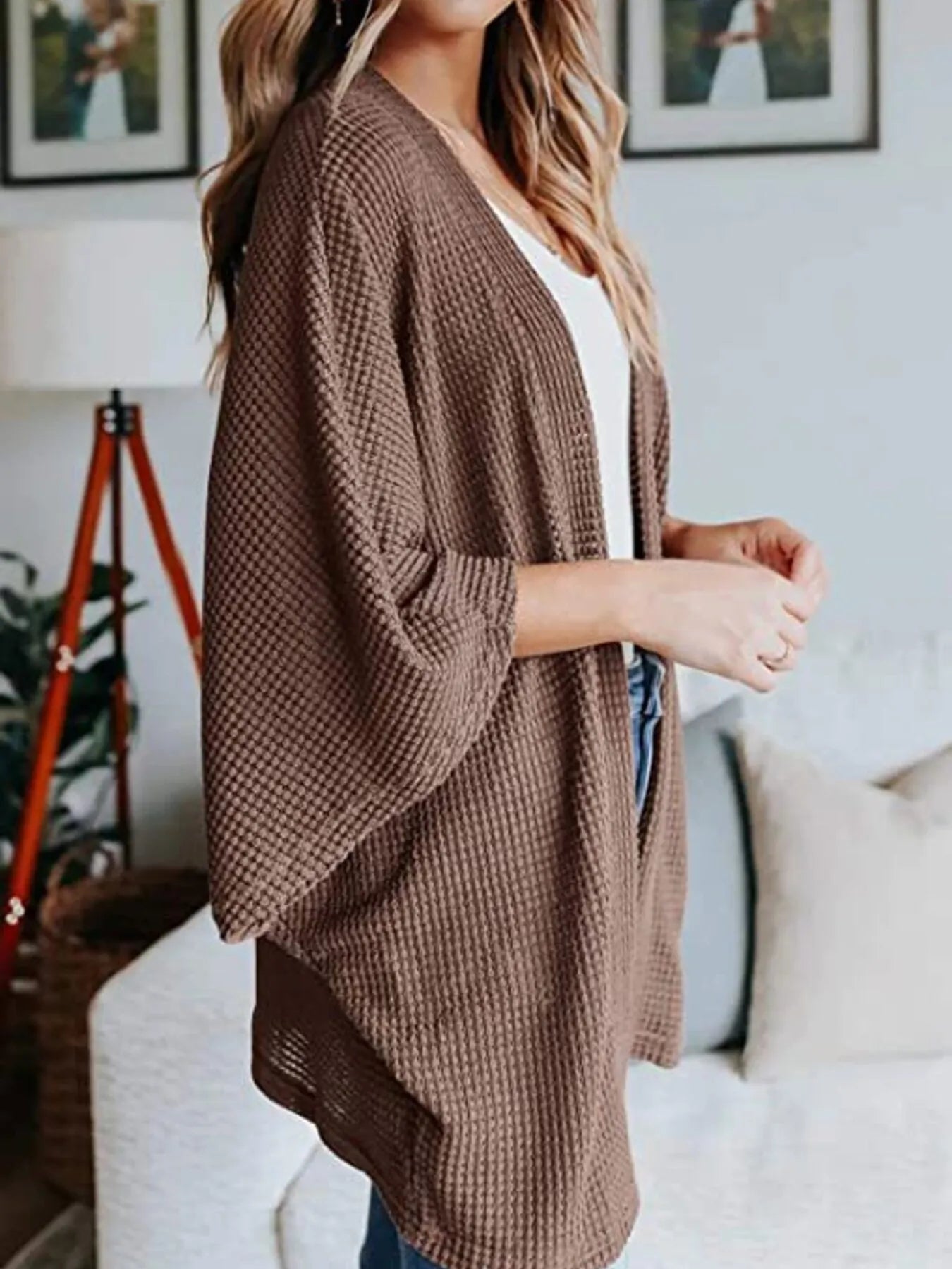 Full Size Open Front Waffle Knit Cardigan Plus Size - Fashorio