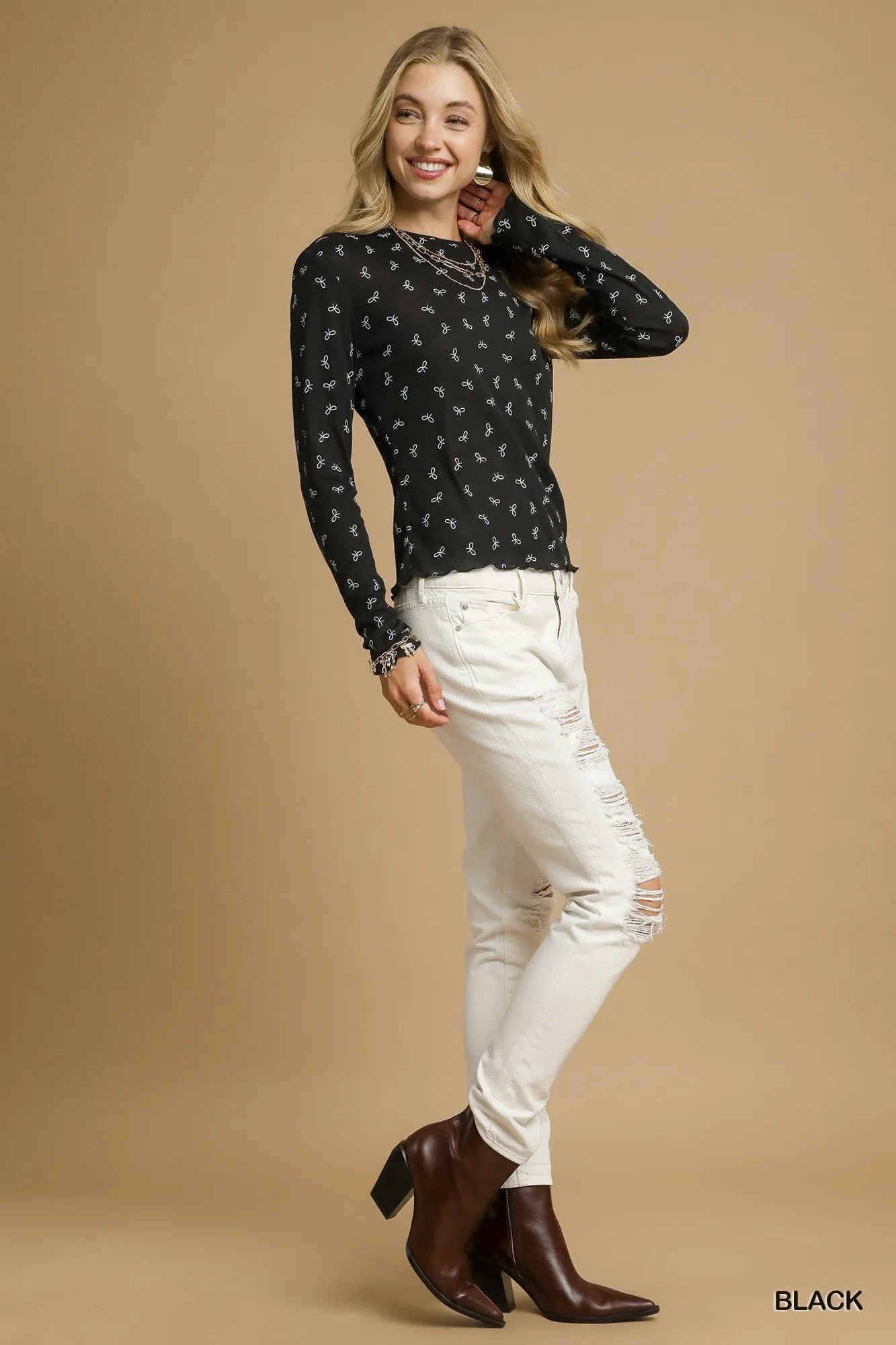 Umgee Bow Print Lightweight Knit Top - Fashorio