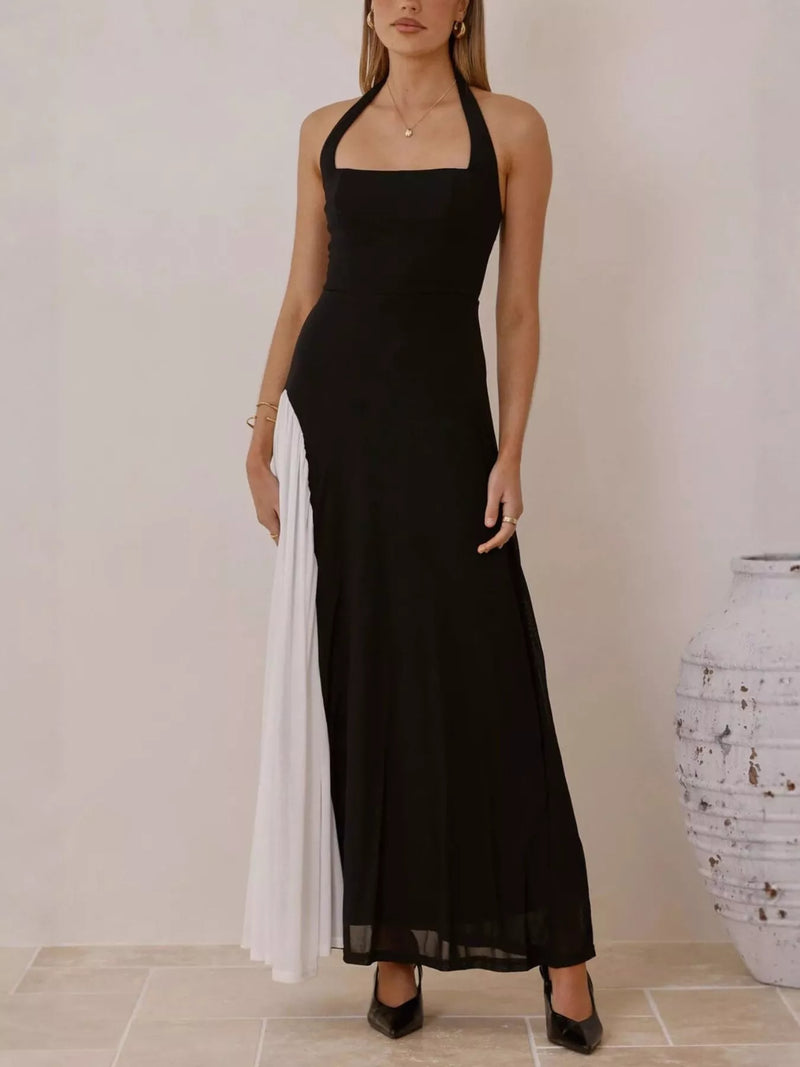 Black contrast halter neck maxi dress front view