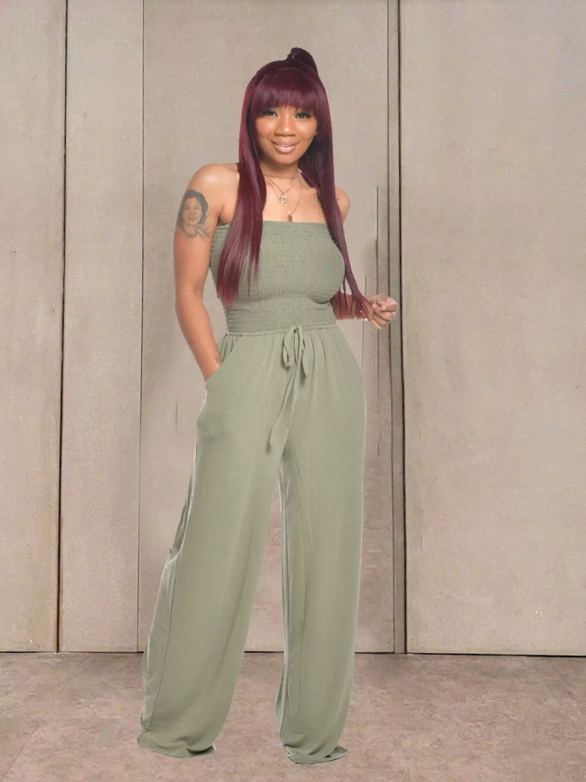 Strapless smocked wide leg jumpsuit color option front view