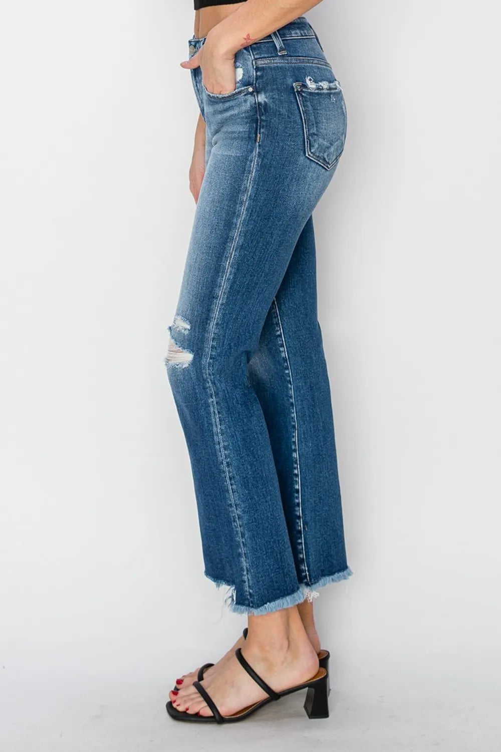 RISEN Full Size Frayed Step Hem Ankle Straight Jeans - Fashorio