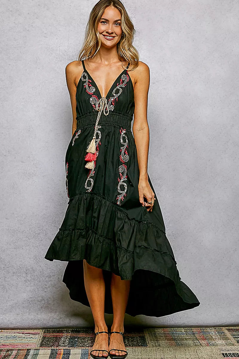 POL black embroidered tiered midi cami dress, front view