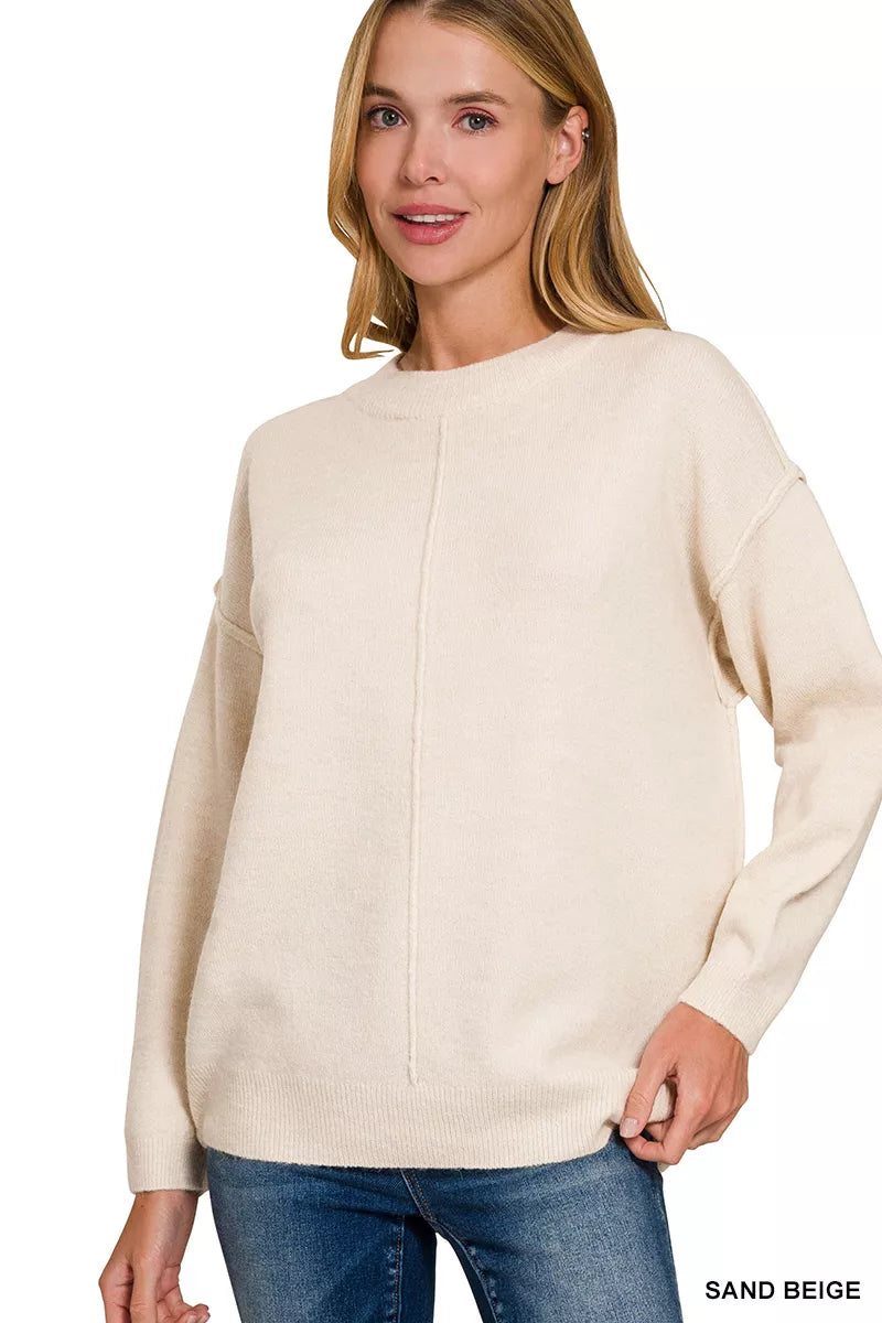 Zenana Melange Front Seam Round-Neck Sweater SAND BEIGE - Fashorio