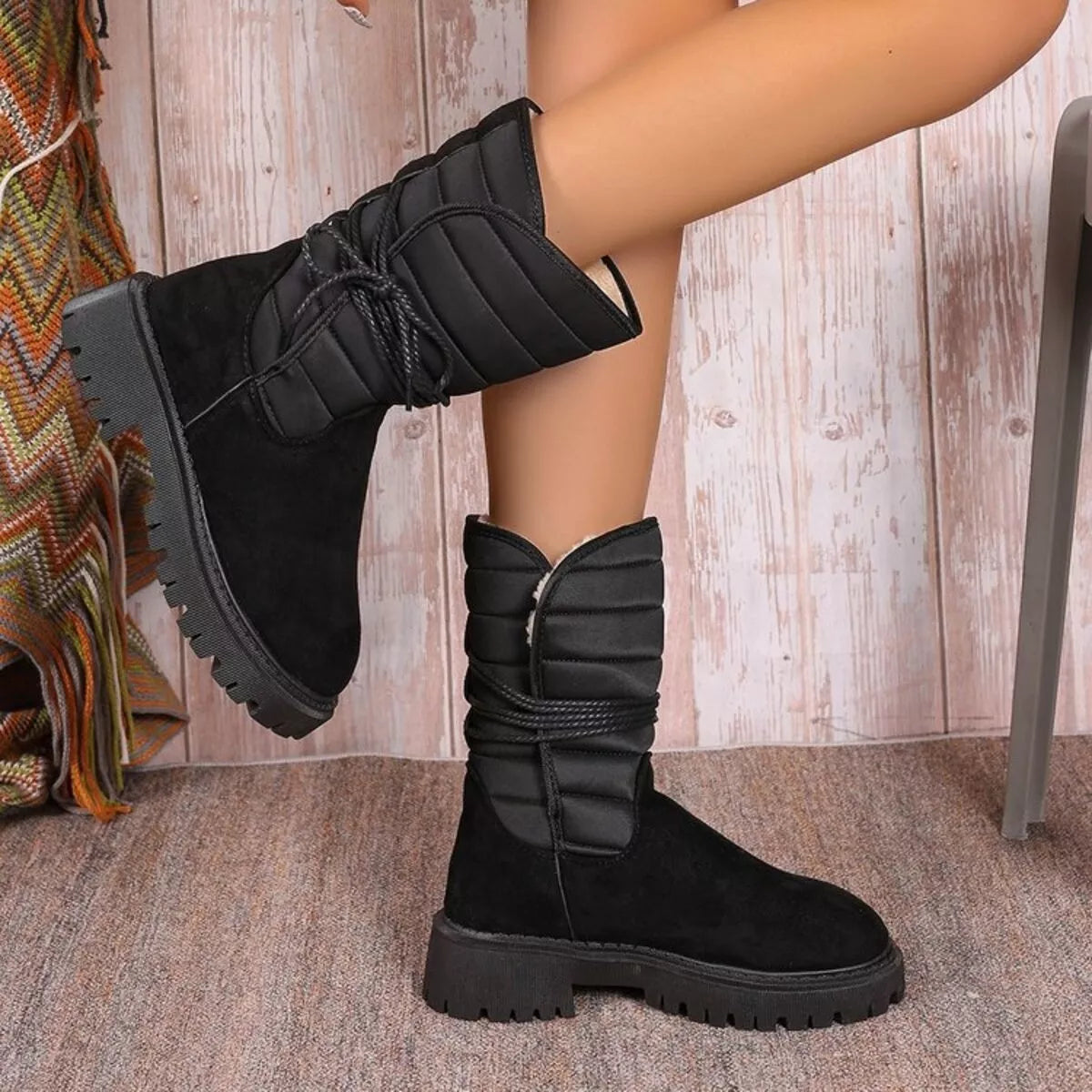 Quilted lace up mid calf boots heel and sole detail