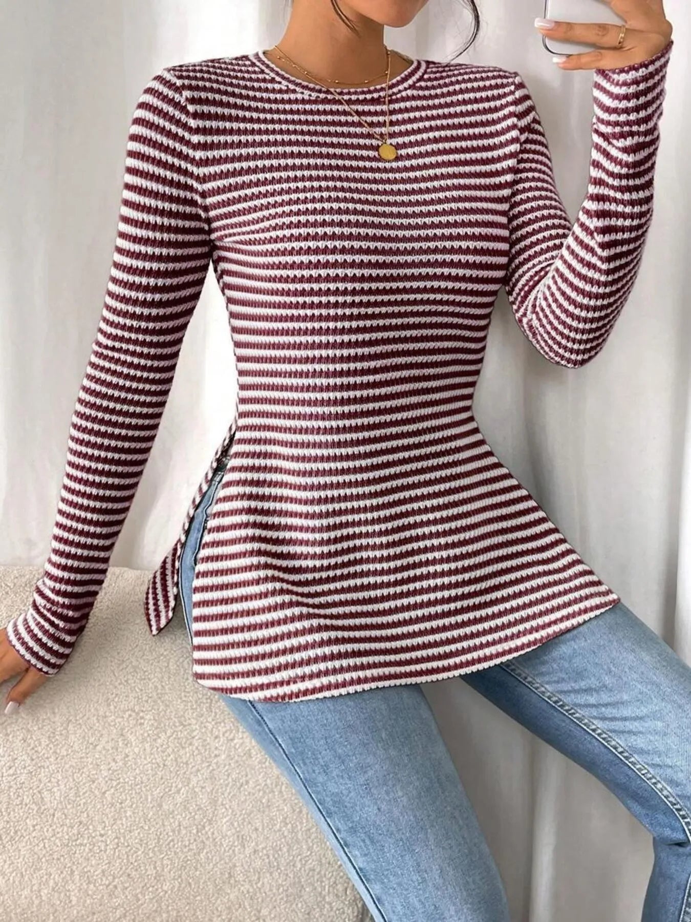 Side Slit Striped Long Sleeve T-Shirt - Fashorio