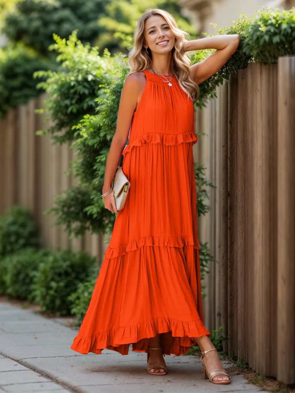 Ruffled Sleeveless Tiered Maxi Dress with Pockets - Fashorio