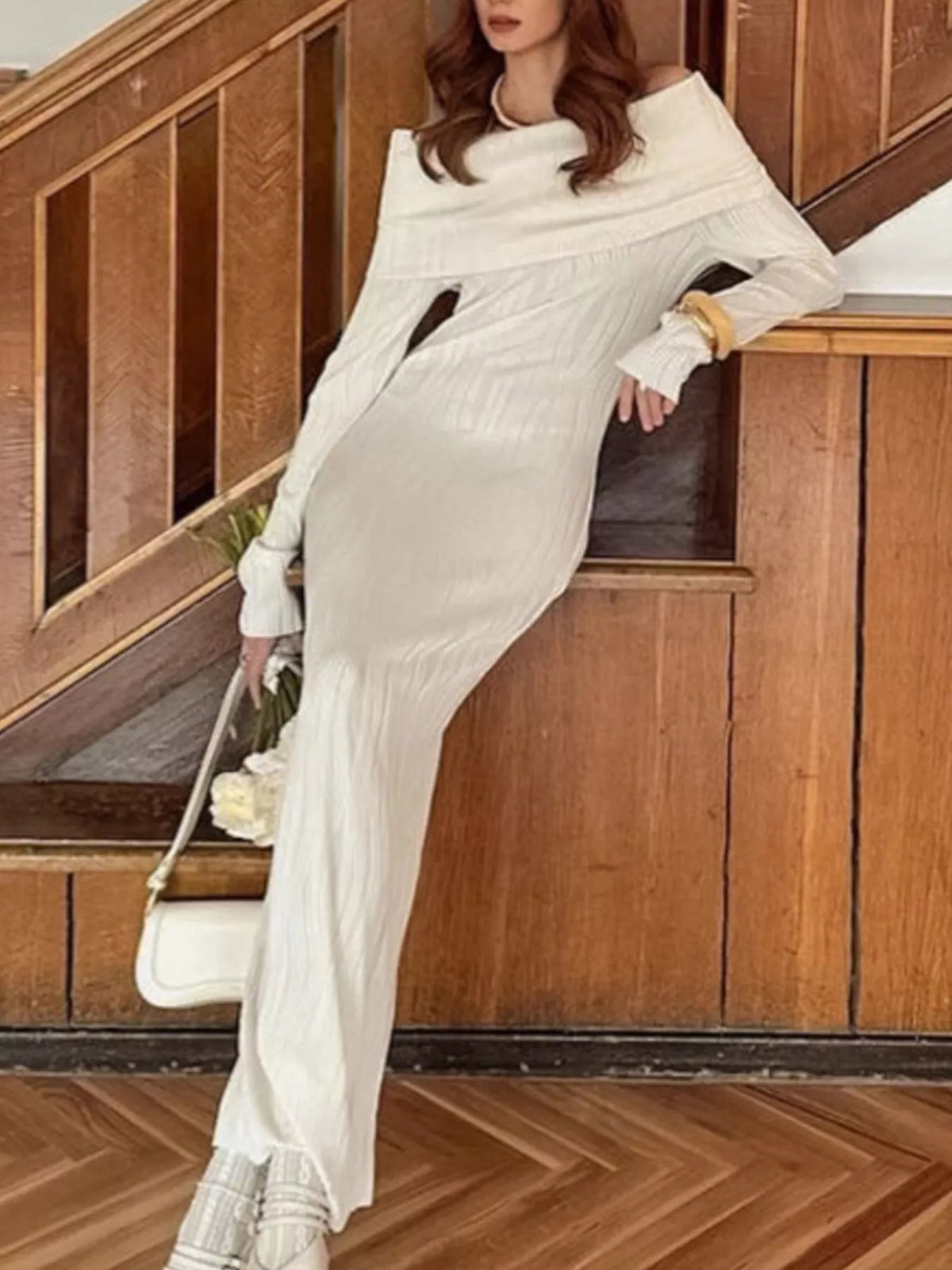 Ivory off shoulder textured knit maxi dress, back view
