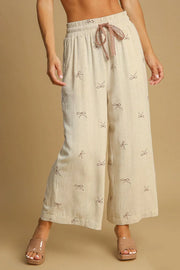 Umgee Full Size Lace Drawstring Embroidered Bow Wide Leg Pants Plus Size OATMEAL - Fashorio