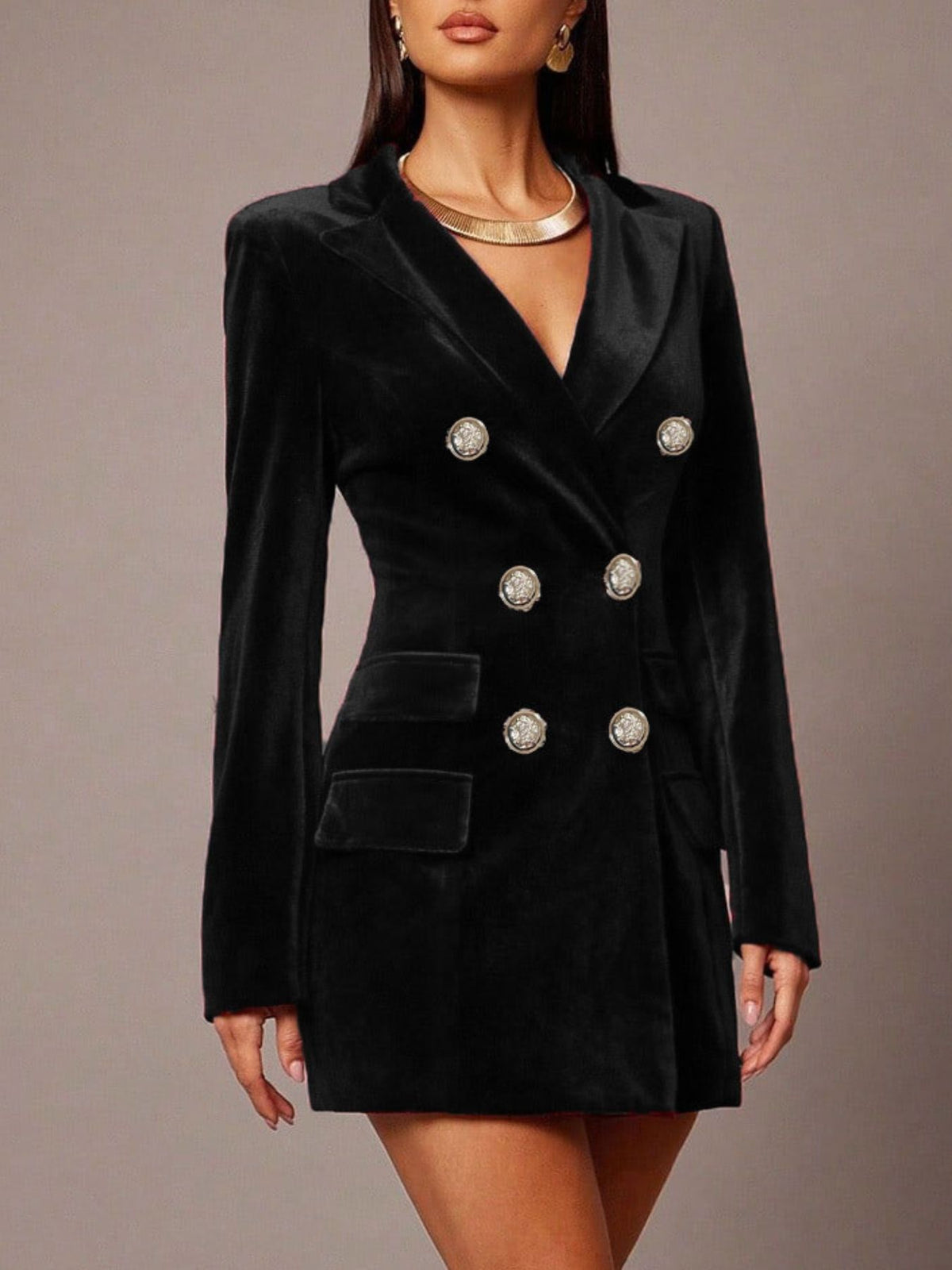 Velvet double breasted blazer dress front view