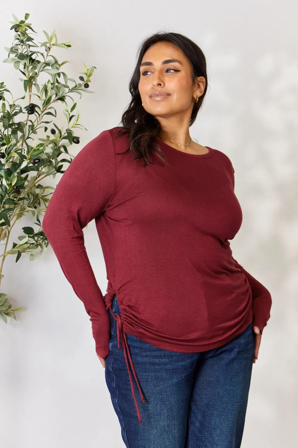Culture Code Full Size Drawstring Round Neck Long Sleeve Top - Fashorio