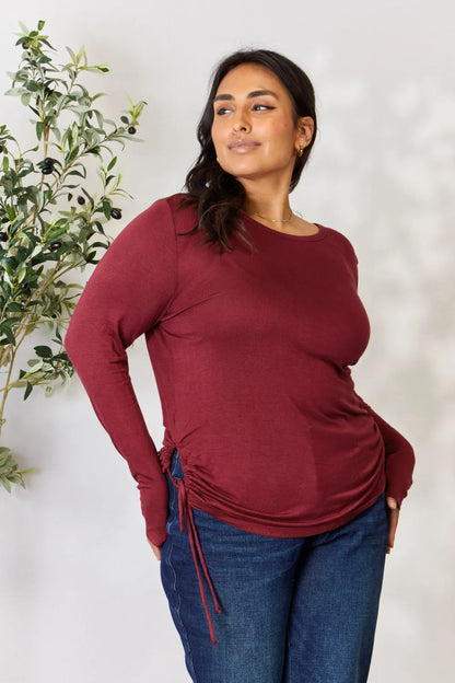 Culture Code Full Size Drawstring Round Neck Long Sleeve Top - Fashorio