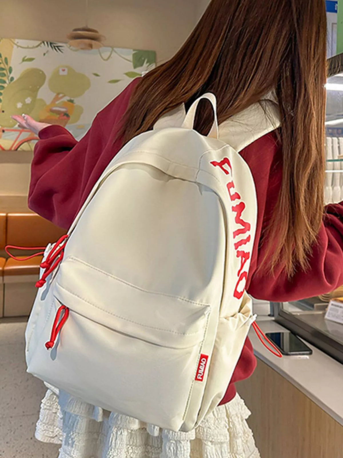 White casual nylon backpack side profile