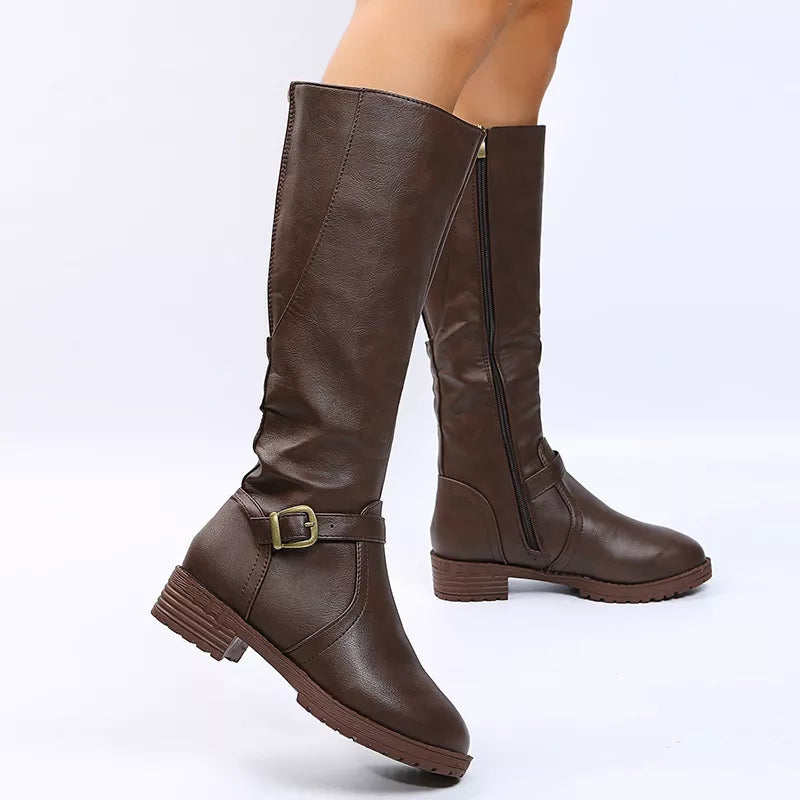 Round Toe Low Block Heel Boots styled on the model