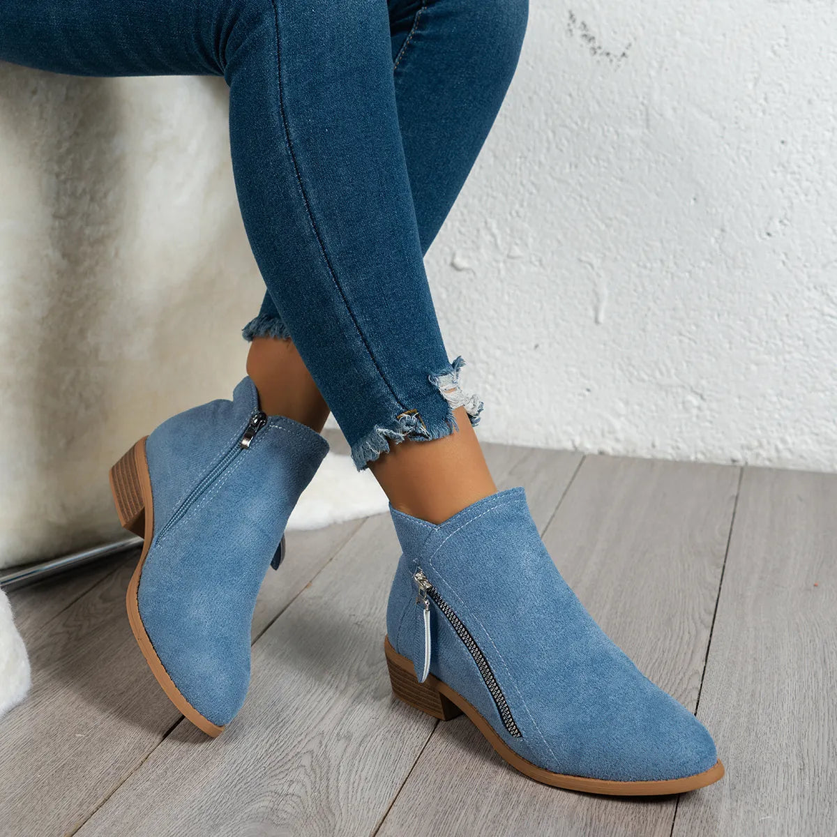 Side Zip Ankle Boots with Block Heel Blue - Fashorio