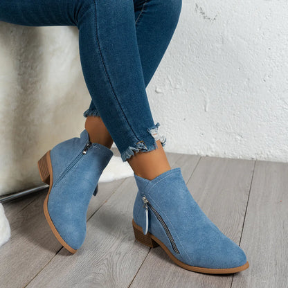 Side Zip Ankle Boots with Block Heel Blue - Fashorio