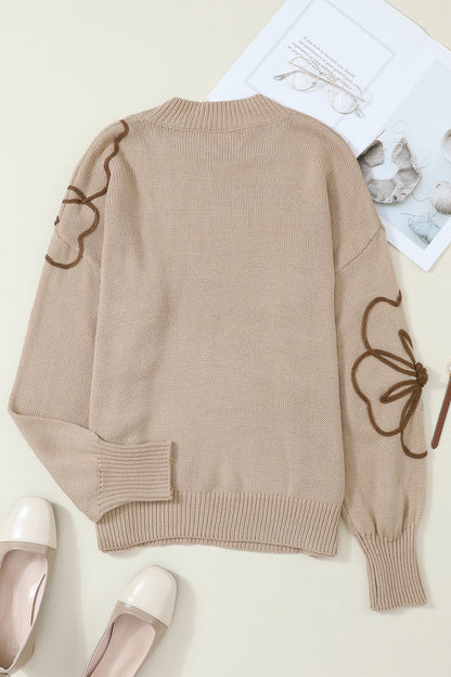 Floral Round Neck Drop Shoulder Sweater - Fashorio