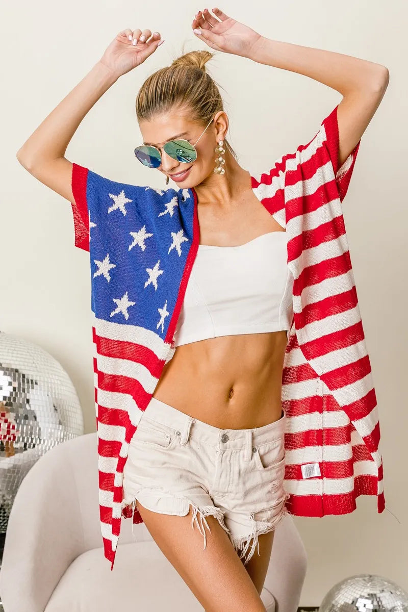 BiBi American Flag Low Gauge Knit Cardigan - Fashorio
