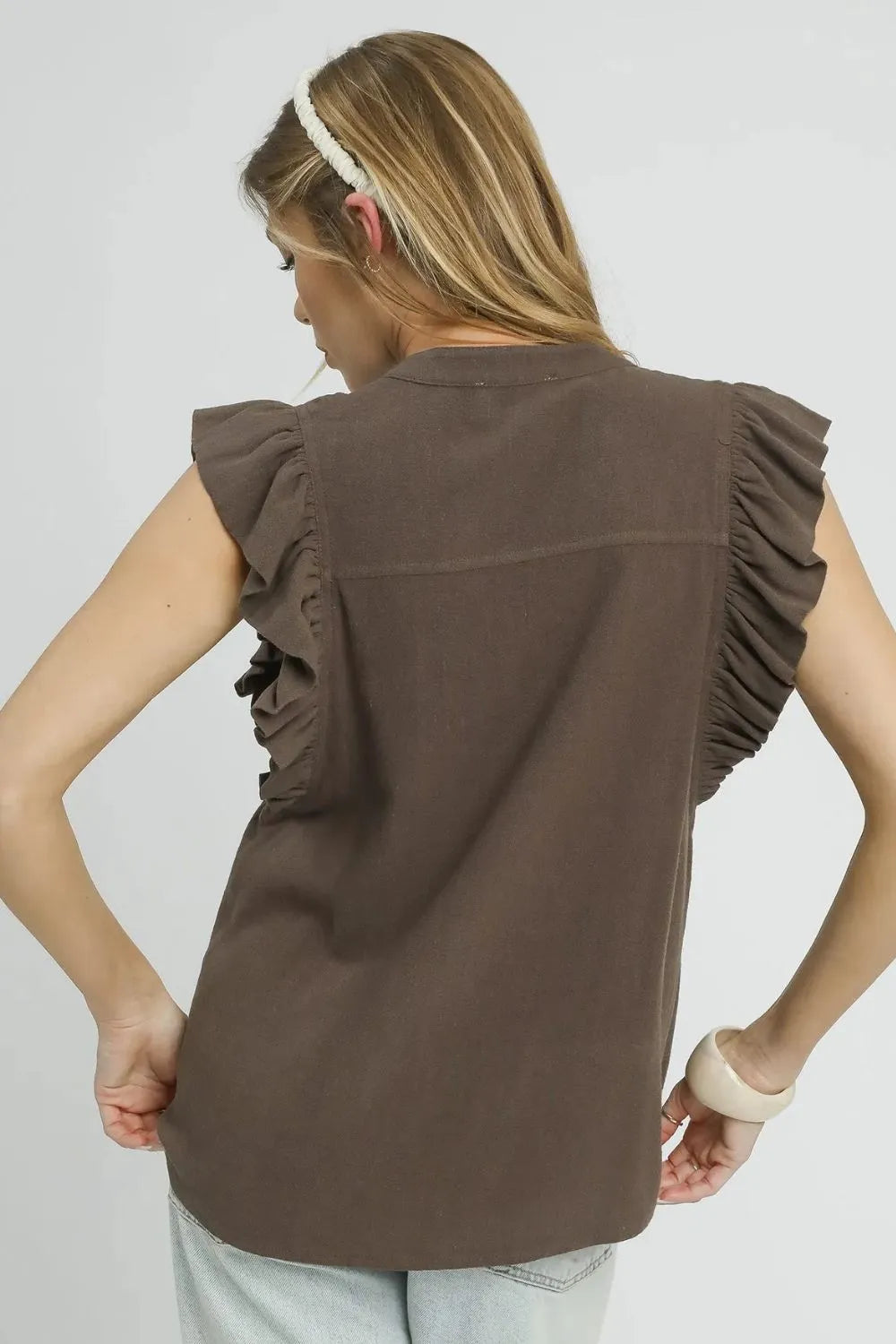 Womens brown linen button down shirt styled outfit