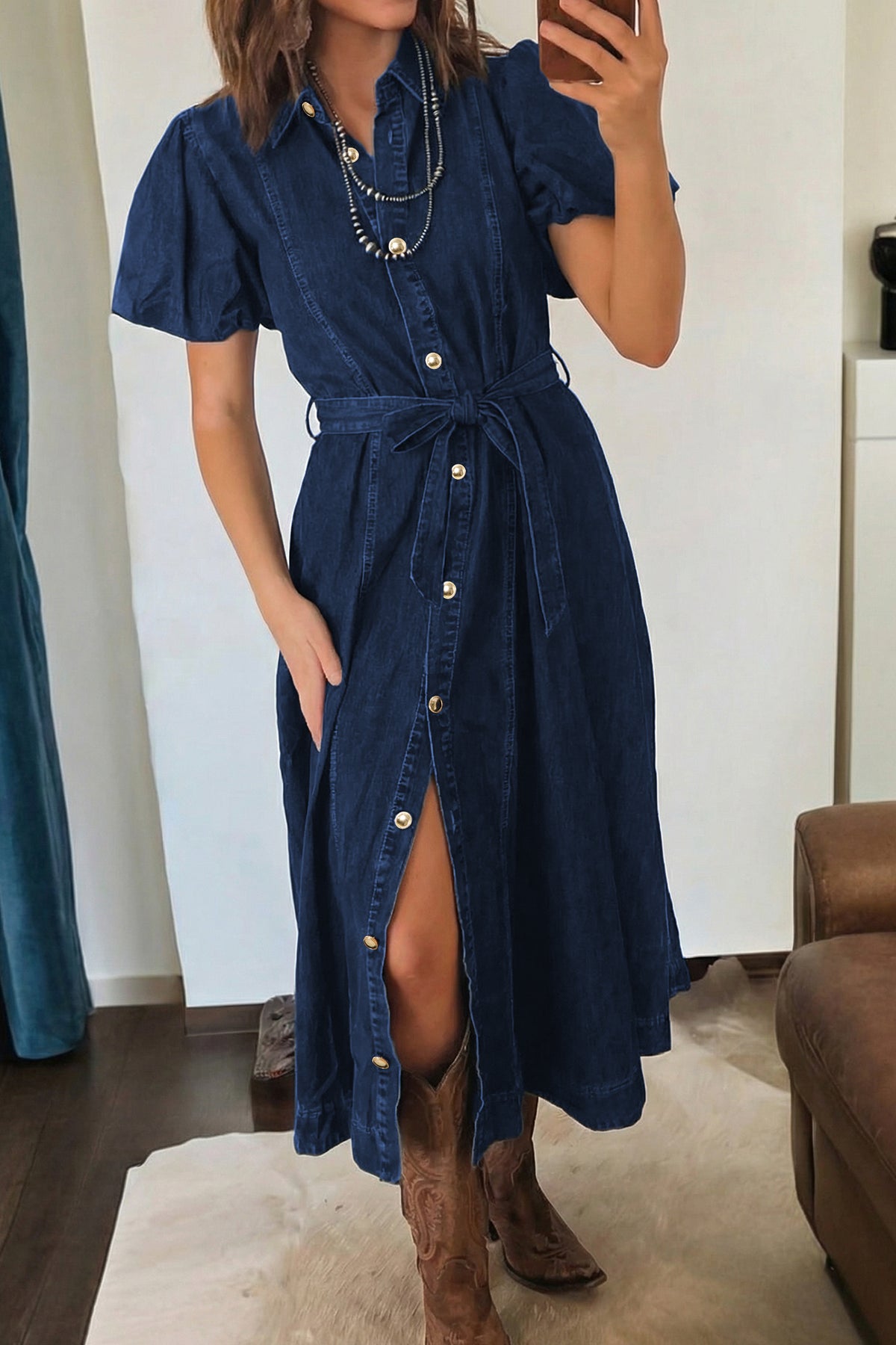 Collared blue denim midi dress angled view