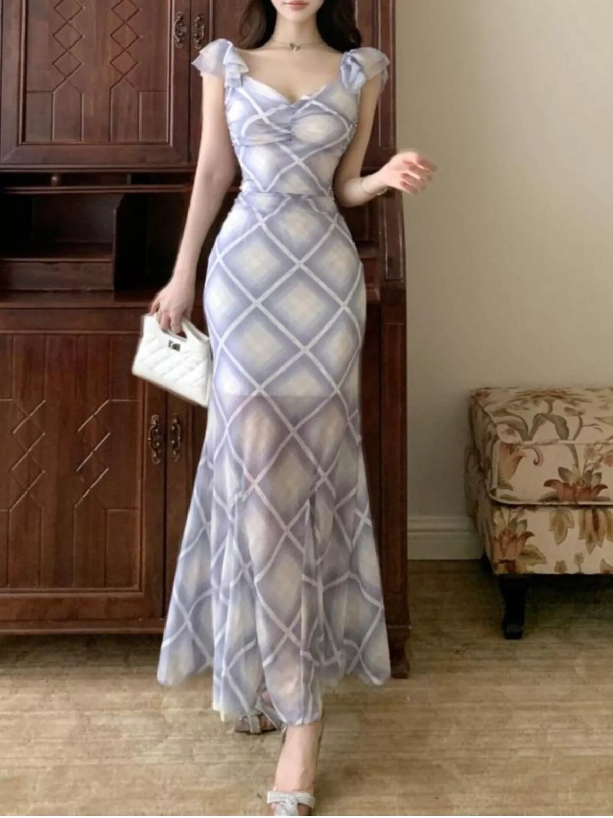 Plaid ruffle cap sleeve bodycon dress view 13
