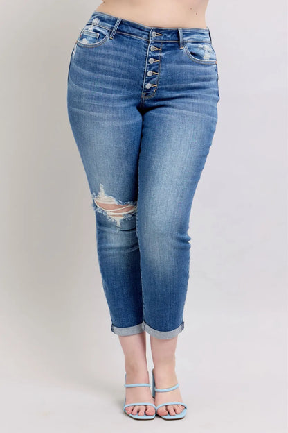 Judy Blue Full Size Button Fly Distressed Jeans with Pockets Plus Size Medium - Fashorio
