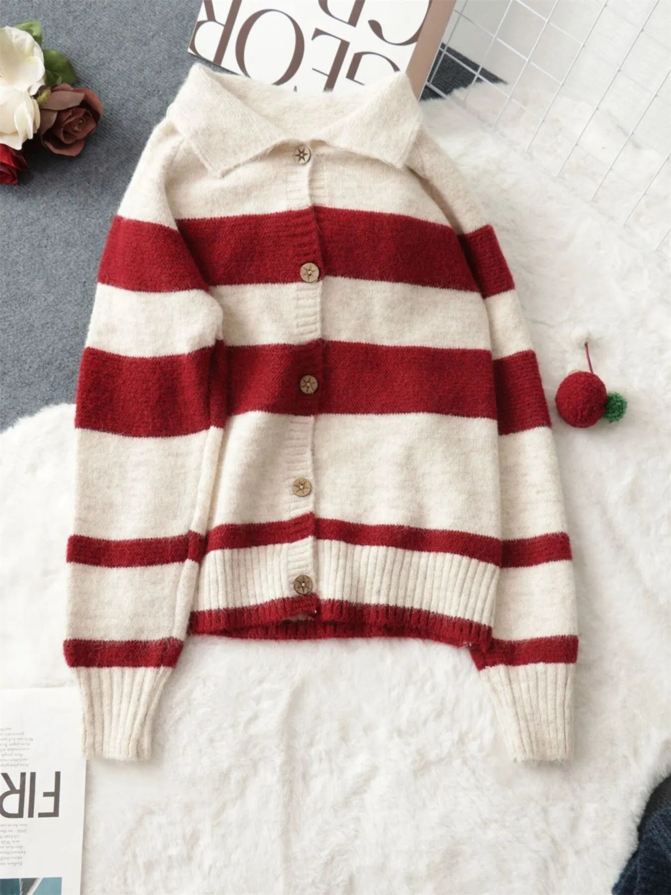 Striped Button-Up Cozy Cardigan - Fashorio