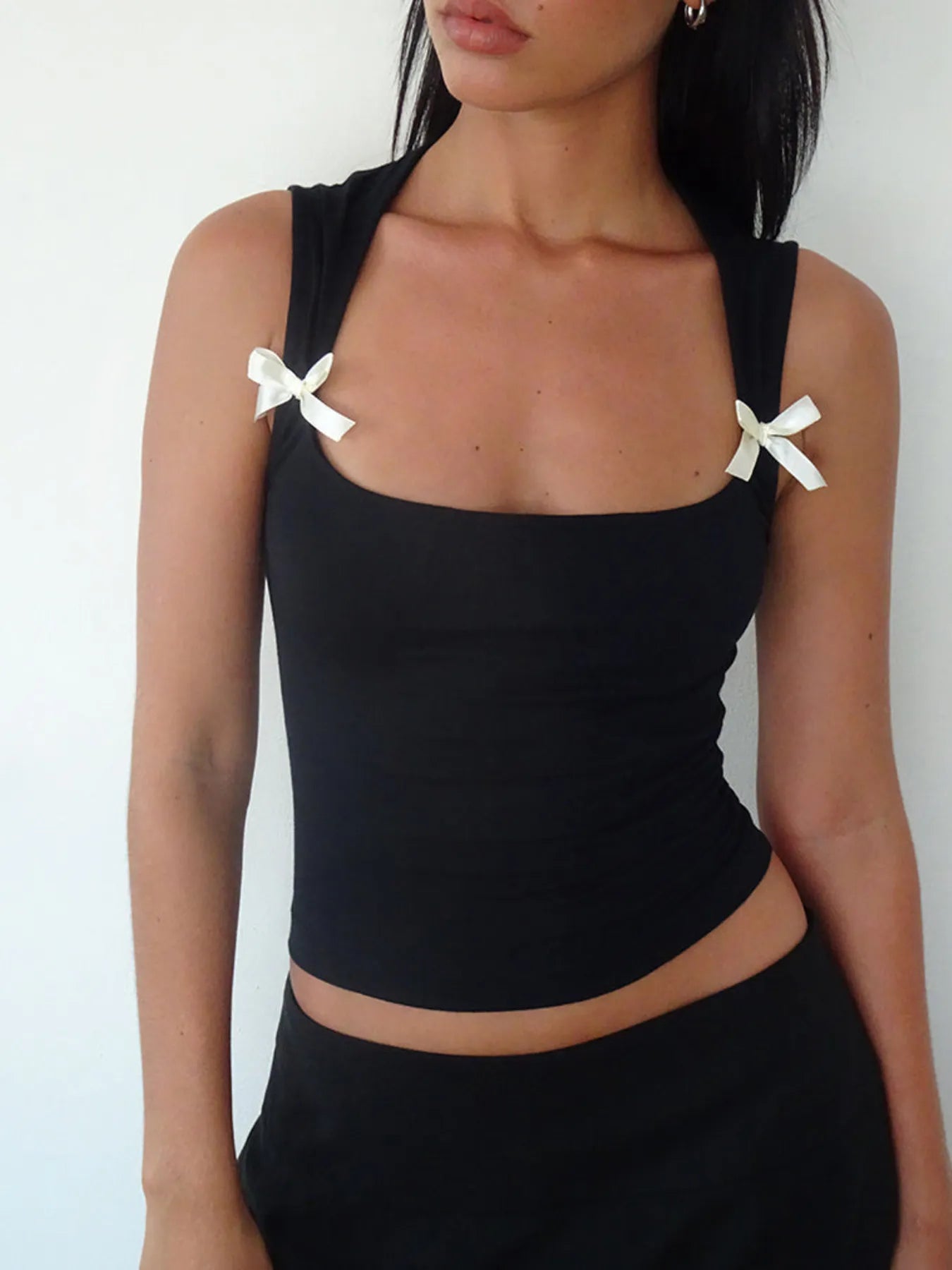 Bow Detail Square Neck Cropped Tank Black - Fashorio