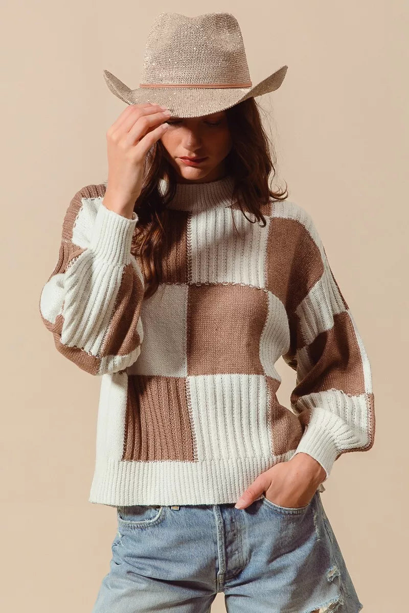 Ribbed Checkered Plaid Color Block Sweater in Coffee and Ivory styled look