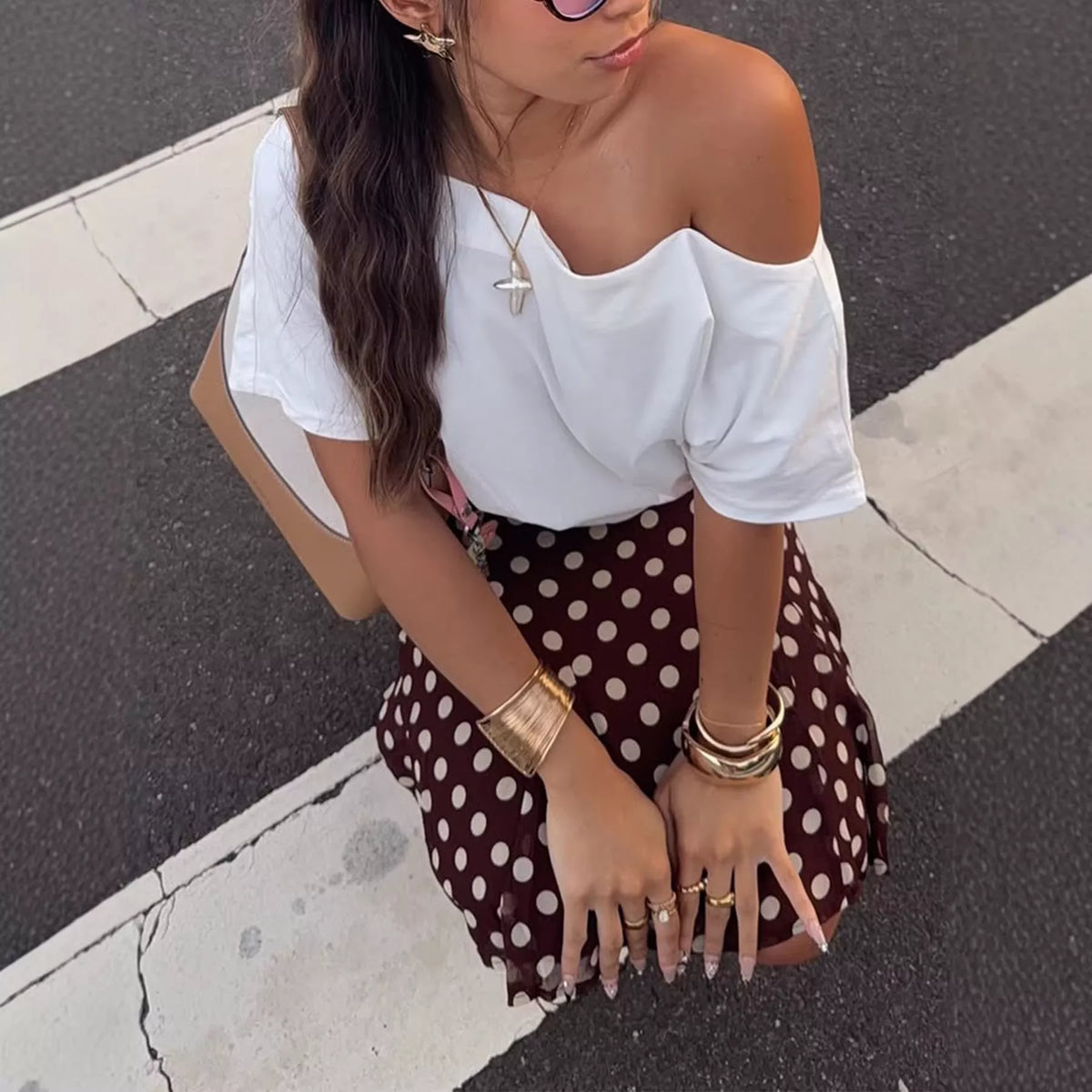 Dark brown polka dot midi skirt detail view