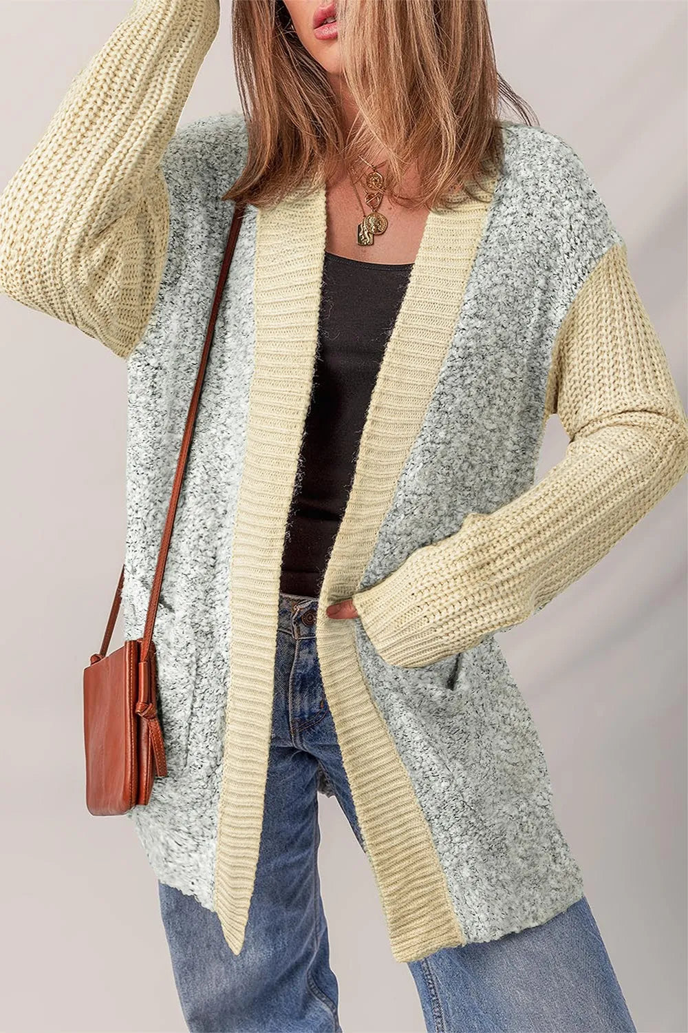 Color Block Side Pockets Open Front Cardigan Pastel Yellow - Fashorio