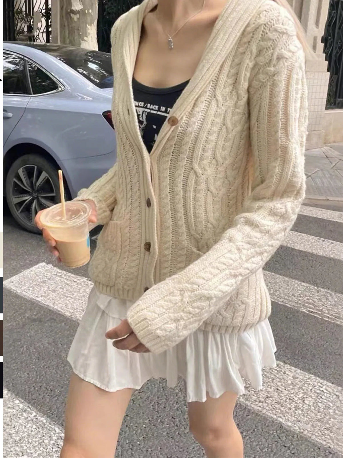 cable knit button up cardigan front view