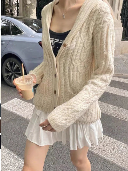 Cable Knit Button Up Cardigan Apricot - Fashorio