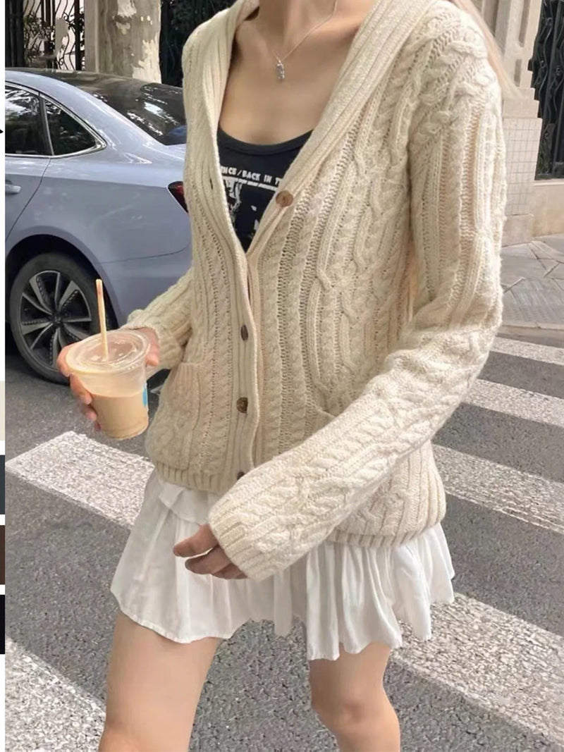 cable knit button up cardigan front view