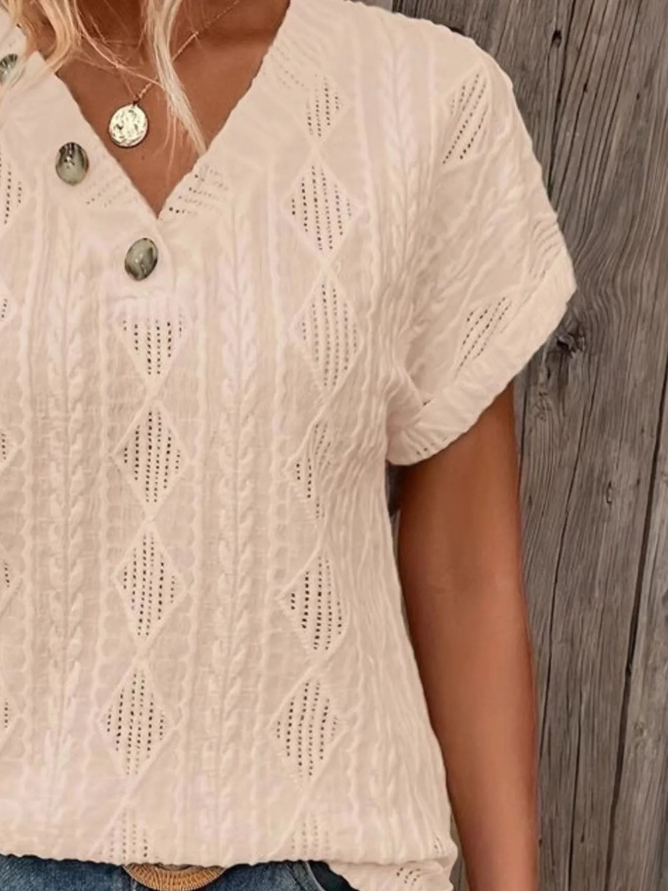 Textured V-Neck Short Sleeve Top - Fashorio