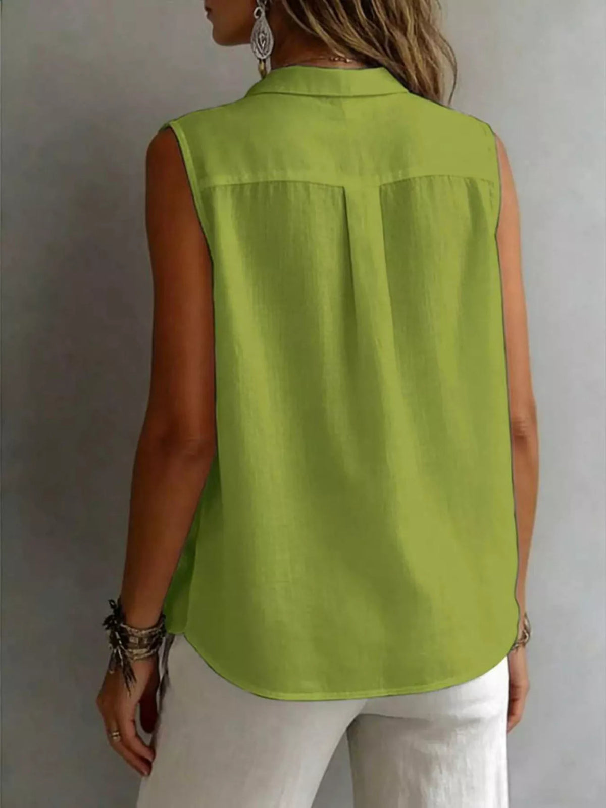 Sleeveless collared button down shirt back view