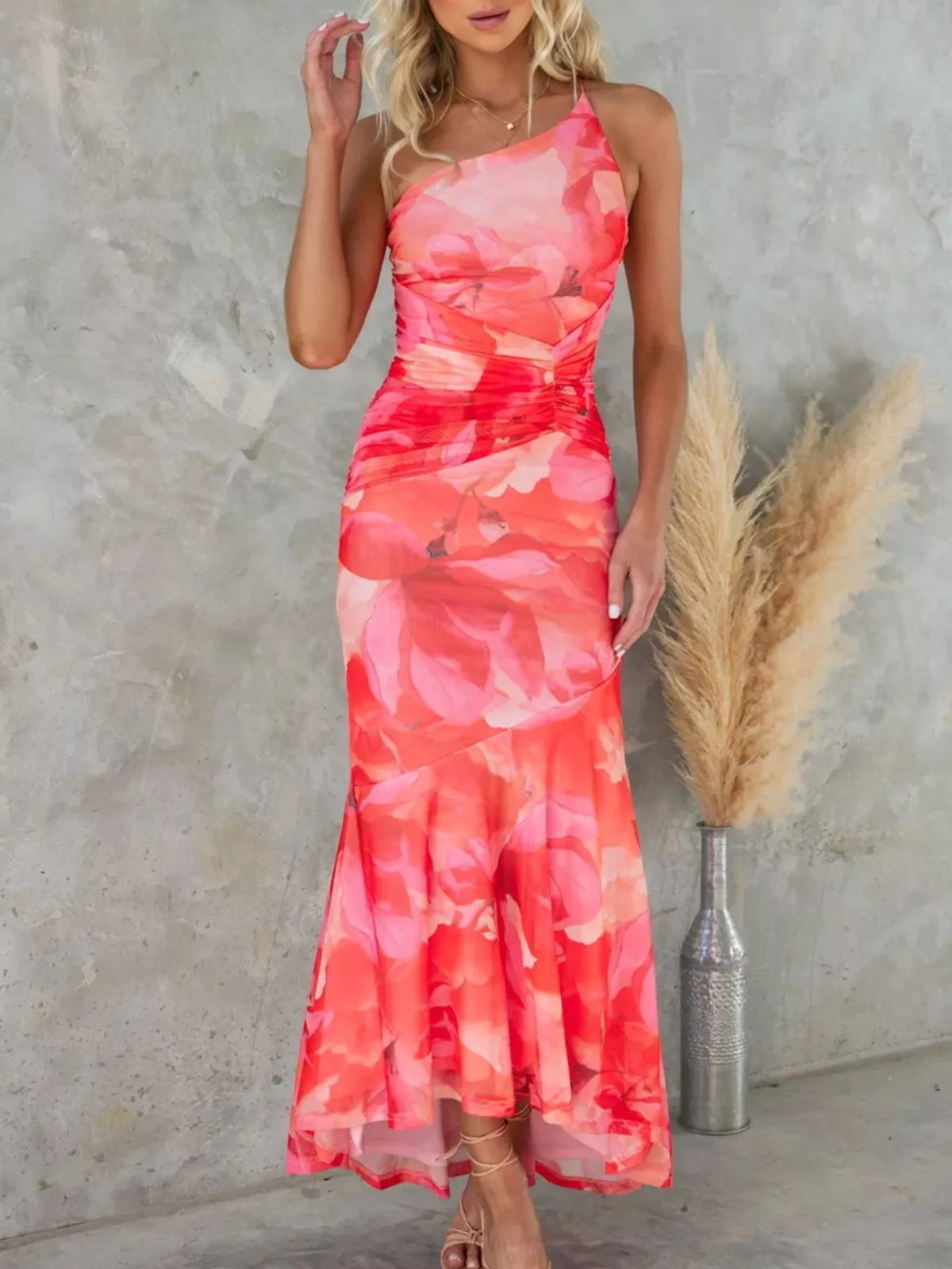 floral one shoulder ruched maxi dress full length view