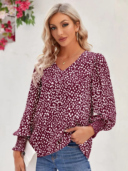 Printed V-Neck Lantern Sleeve Blouse - Fashorio