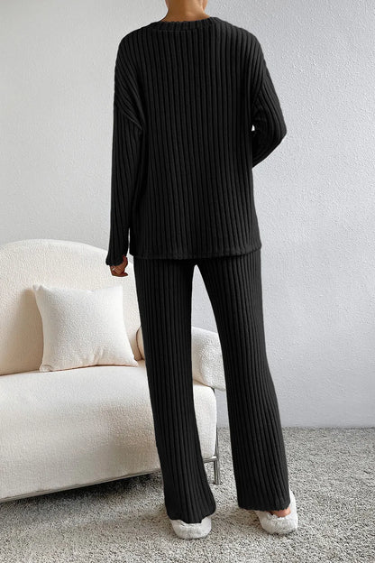 Ribbed V-Neck Top and Pants Lounge Set - Fashorio