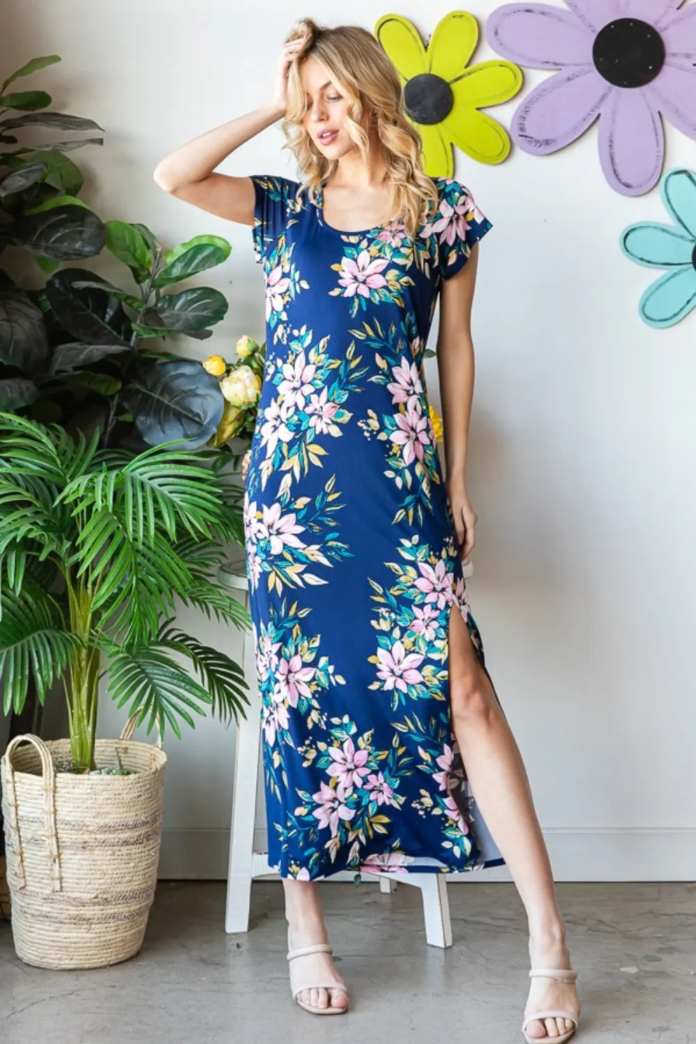 Heimish Full Size Floral Short Sleeve Slit Dress - Fashorio